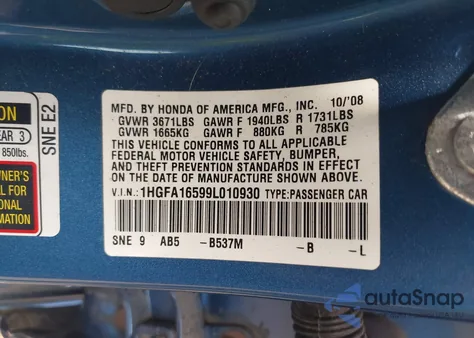 2009 Honda Civic Lx из США, поврежденный, VIN 1HGFA16599L010930